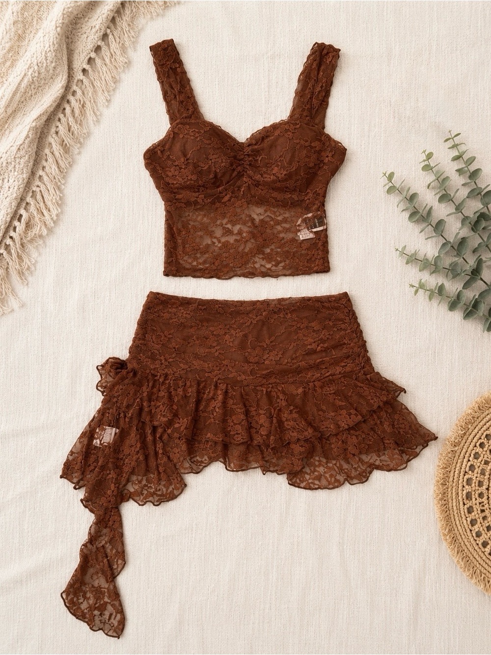 SHEIN Brown Lace Bustier Crop Top and Ruffled Mini Skort Set